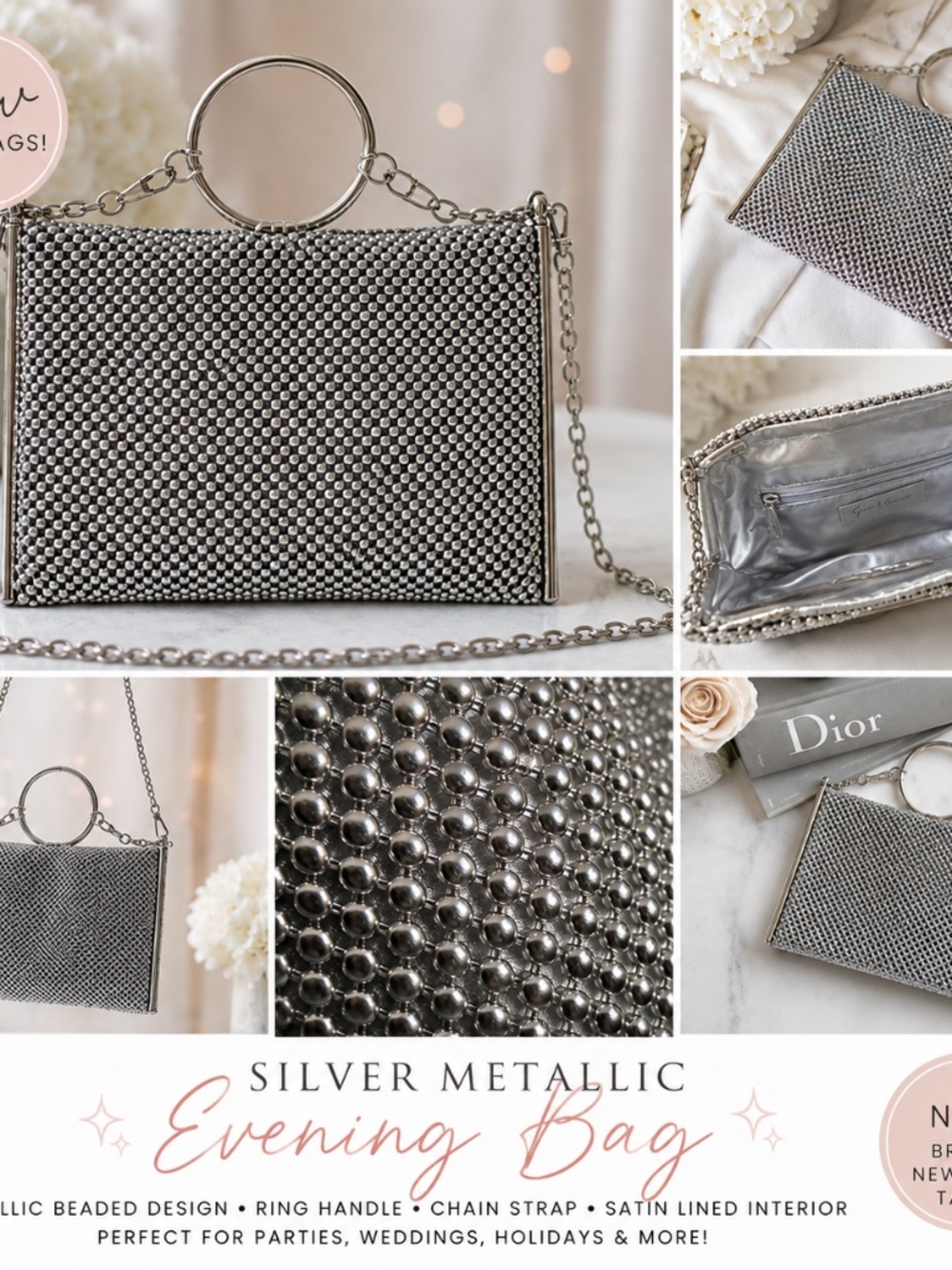 NWT Silver Metallic Beaded Evening Bag Clutch w/ Chain Strap